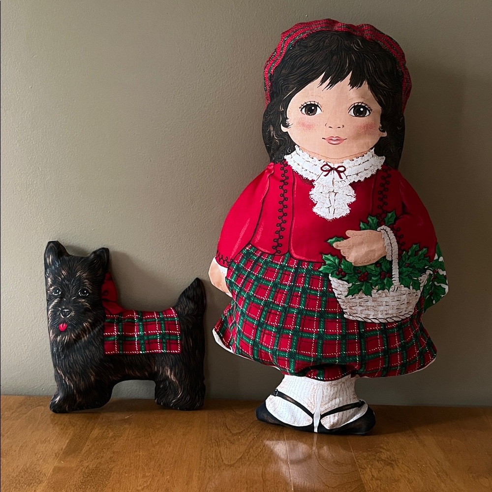 Vintage Red and Green Plaid Christmas Doll and Dog Holiday Pillow Set